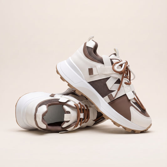 30SNKRS Clean Low-Top Platform Sneakers in brown and cream, pair shown on a cream studio background