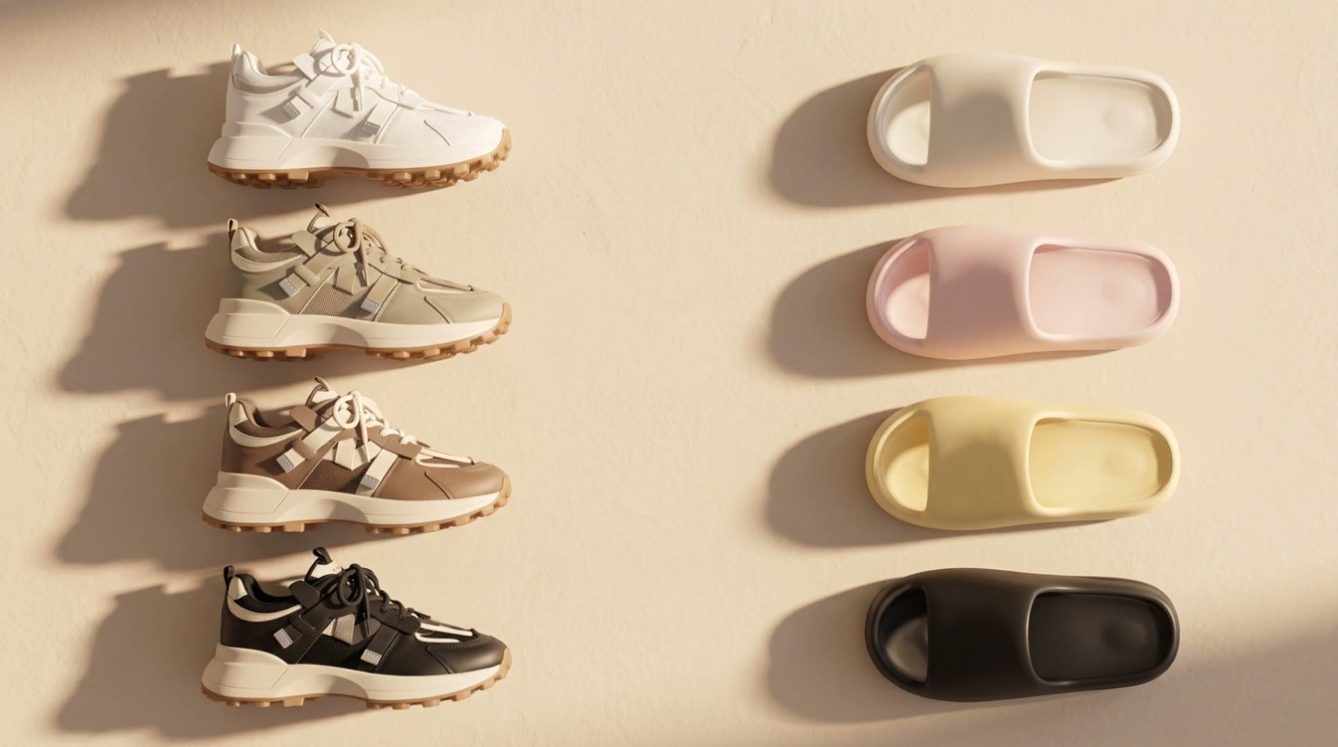 The 30SNKRS line-up laid out on a cream floor: four platform sneaker colourways on the left, four cloud slide colourways on the right.